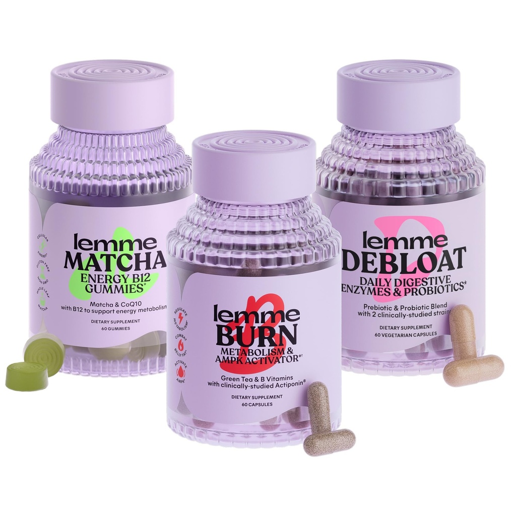 Lemme Burn, Debloat & Matcha Bundle - Μεταβολισμός & κάψουλες καύση λίπους + κάψουλες αναρρόφησης αέρα και αερίου + Ενέργεια B12 Gummies - Χωρίς γλουτένη, Μη ΓΤΟ - 60 κατ.
