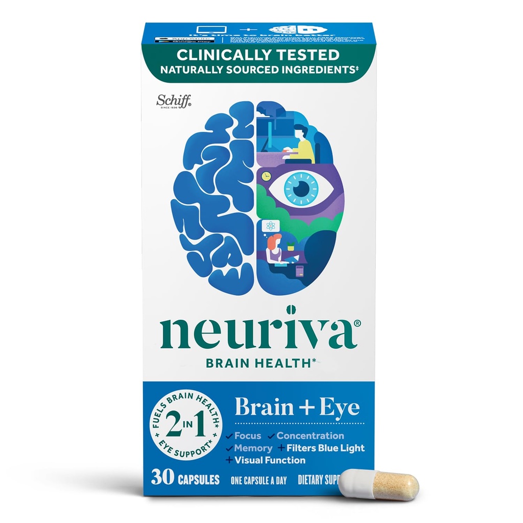NEURIVA Brain + Συμπλήρωμα ματιών για Μνήμη, Εστίαση & Συγκέντρωση με Λουτεΐνη & Βιταμίνες A C E και Ψευδάργυρο για την Υγεία των ματιών & Ζεαξανθίνη στο Φίλτρο Μπλε Φως, 30ct Κάψουλες