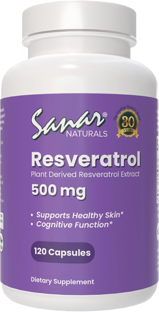 Sanar Naturals Resveratrol συμπλήρωμα 500 mg – Υποστηρίζει υγιή γήρανση, Γνωστική λειτουργία, και την υγεία της καρδιάς - Plant Based Trans Resveratrol - Vegan, μη ΓΤΟ, 120 κάψουλες