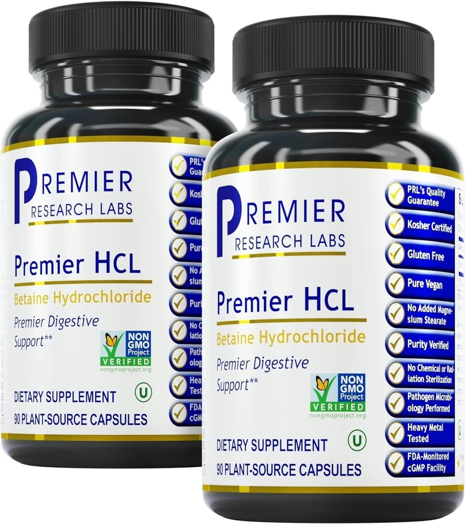 Premier Research Labs Premier HCL - Aids Nutrient Absorption & Digestive Function - Συνδυάστε με το συμπλήρωμα ενεργοποιητή HCL - Betaine HCL for Digestion - 90 Κάψουλες Φυτικής Πηγής