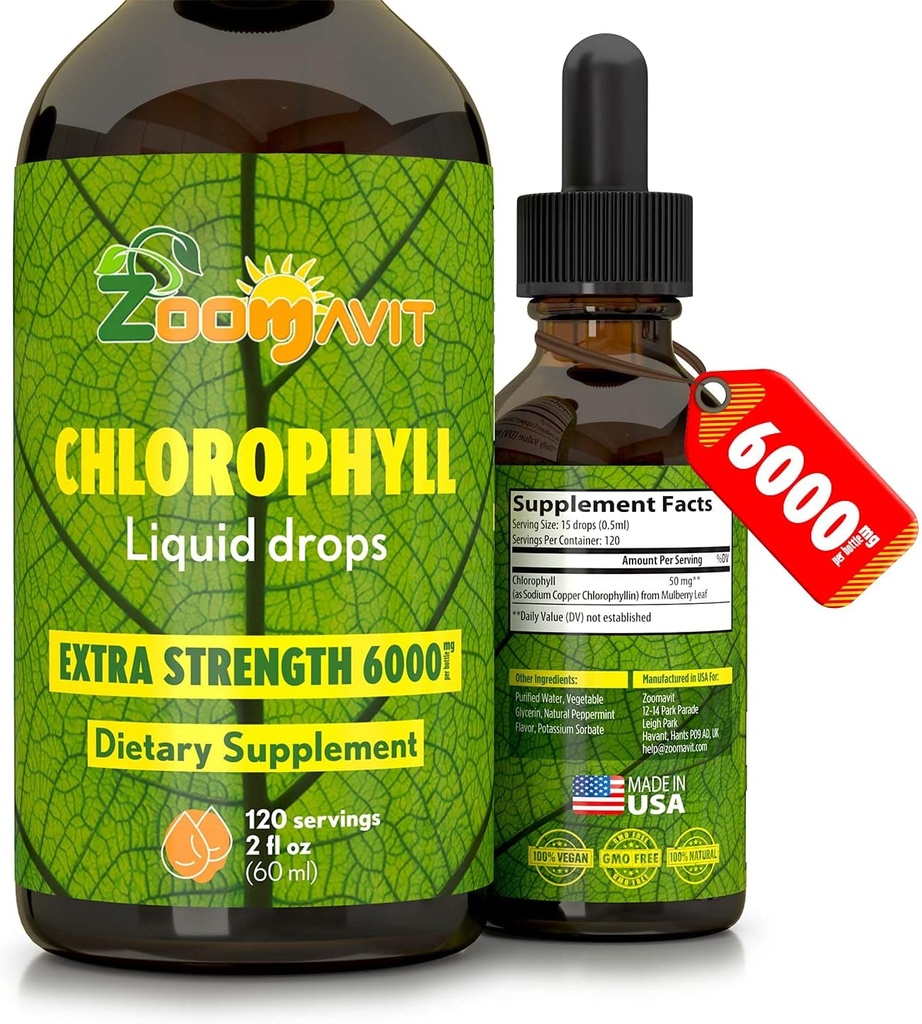Υγρές σταγόνες χλωροφύλλης 100% Βιολογικό Vegan - Ενεργειακό και ανοσοποιητικό συμπλήρωμα συστήματος με άρωμα μέντας για το νερό - Φυσικό εσωτερικό αποσμητικό - Επιπλέον δύναμη 6000mg 120 εξυπηρετήσεις