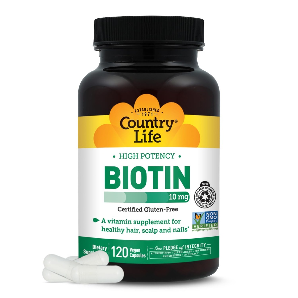 Χώρα Ζωή υψηλής ισχύος Βιοτίνη 10mg - Vegan & Gluten-free Βιοτίνη συμπλήρωμα για το δέρμα & νύχια, Μεταβολισμός ενέργειας - Biotin 10000mcg κάψουλες