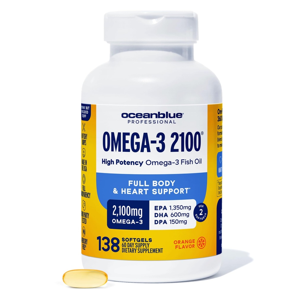 Oceanblue Professional Triple Strength Omega DPA Fish Oil Συμπληρώματα 2100mg, υψηλής ισχύος EPA DHA, Wild Capt, Burpless, 69 εξυπηρετούν (138 Count Natural Orange Flavor)