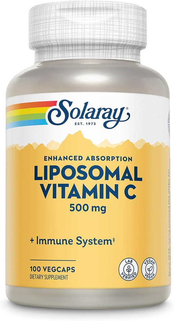 SOLARAY Liposomal Vitamin C 500mg - Ενισχυμένη απορρόφηση Βιταμίνη C Λιποσωμική ανάμειξη με λιπαρά οξέα - Συμπλήρωμα αντιοξειδωτικής και ανοσοποιητικής υποστήριξης - Vegan, 60-Day εγγύηση, 100 υπηρεσίες, 100 VegCaps
