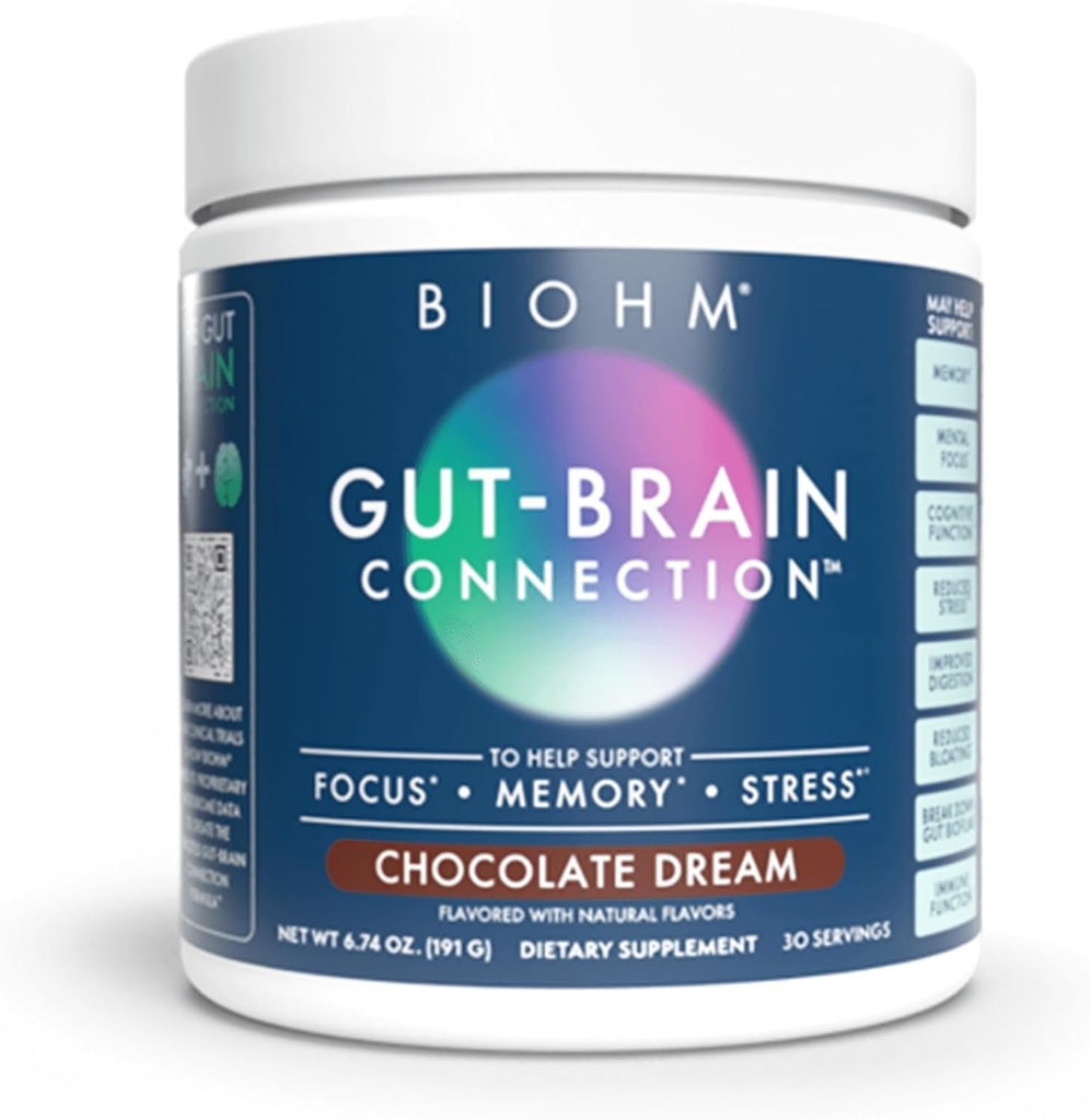 BIOHM Gut-Brain σύνδεση μνήμης & συμπλήρωμα εστίασης (6.74 Oz, 30 εξυπηρετήσεις) Υποστηρίζει την υγεία των ορέων & Γνωστική ευεξία, βοηθά την ενίσχυση της διάθεσης, τα προβιοτικά, τη μανία των λιονταριών & Bacopa Monneiri, σοκολάτα γεύση