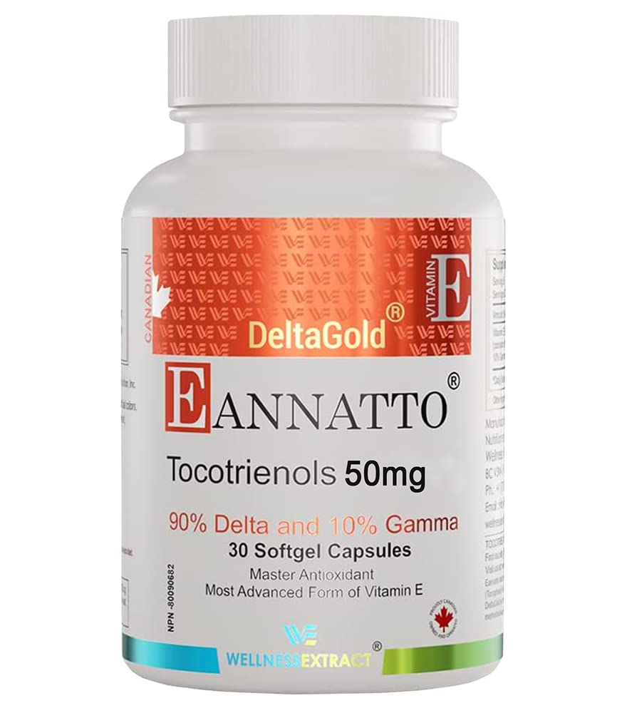 WELLNESS EXTRACT Eannatto Tocotrienols Deltagold Vitamin E Supplements Softgels, Tocopherol Free, Non-GMO, Gluten Free & Antioxidant (50MG 30 Softgels)