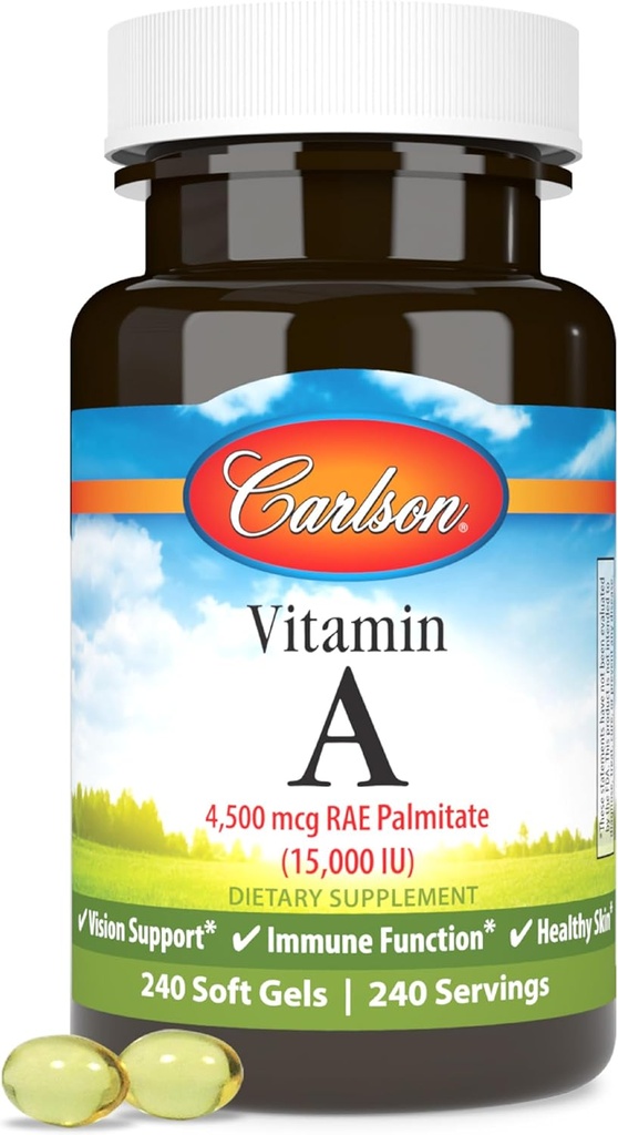 Carlson - Βιταμίνη Α, 15000 IU Παλμιτικά (4500 mcg RAE), Όραμα Υγεία & Υγιεινό Δέρμα, Ανοσολογική λειτουργία, 240 Softgels