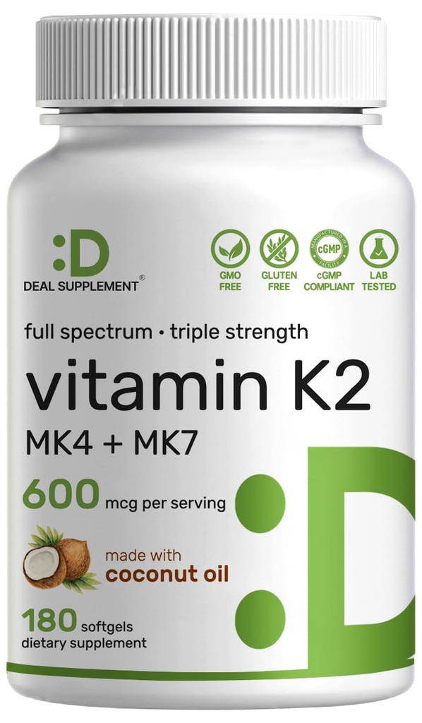 DEAL ΣΥΜΠΛΗΡΩΜΑ Βιταμίνη K2 συμπλήρωμα 600mcg, 180 Coconut Oil Softgels 
