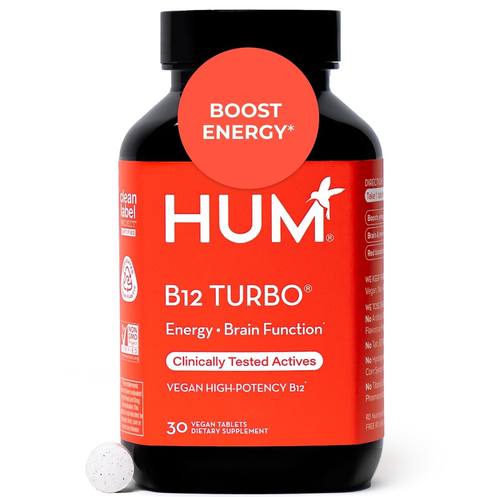 HUM B12 Turbo, συμπλήρωμα βιταμίνης B12, καθημερινή ενεργειακή υποστήριξη, ασβέστιο για την υγεία των οστών, B-12 συμπληρώματα ενέργειας βιταμίνης, χωρίς γλουτένη, Vegan, μη ΓΤΟ, 30 Vegan δισκία υψηλής ισχύος
