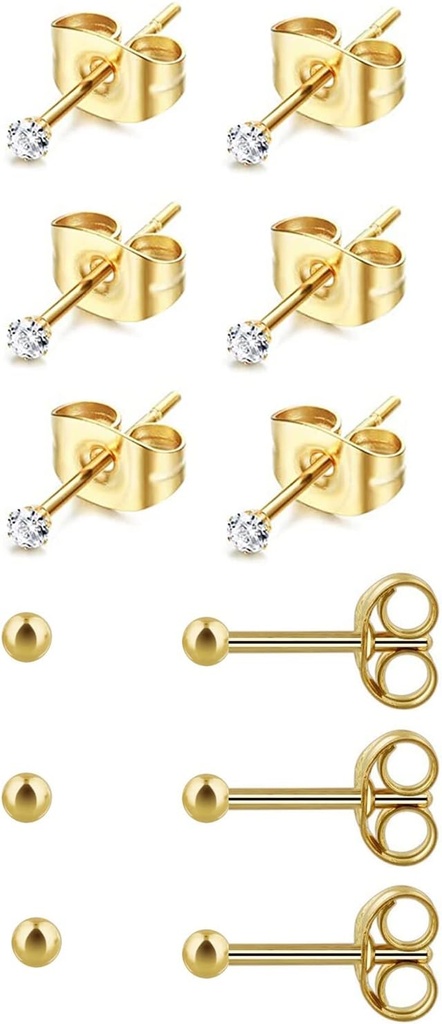 6Pairs 2mm/3mm Χειρουργική χάλυβα Hypoallergenic Piercing Studs, 20G 14K Real Gold Filled Tiny Stud Σκουλαρίκια για πολλαπλές τρύπες Piercing (Cubic Zirconia, Pearl, Ball)