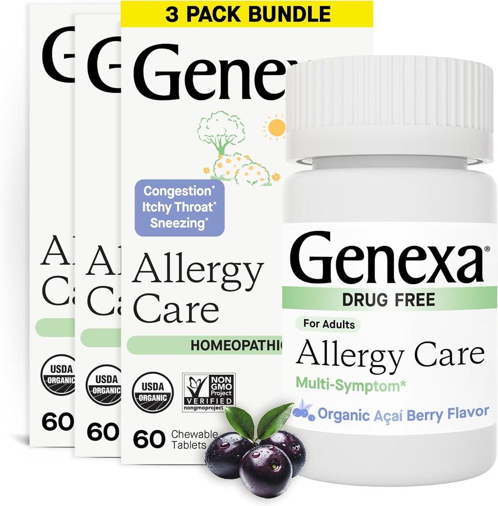 Genexa Allergy Care | Drug Free, Non-Drowsy Allergy & Decongestant Relief for Adults | Vegan & Non-GMO | Homeopathic Allergy Relief Made Clean | Organic Acai Berry Flavor | 180 Chewable Tablets