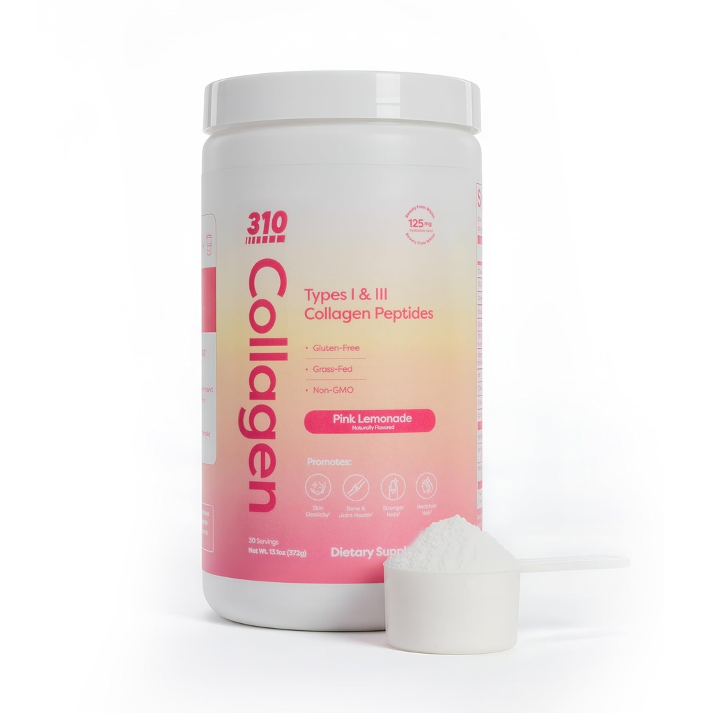 310 Nutrition Collagen Peptides for Women & Men - Hydrolyzed Grass-Fed Collagen with Hyaluronic Acid, Resveratrol, Vitamin C D E - Skin Hair Nail Joint Support - Pink Lemonade, 30 Servings