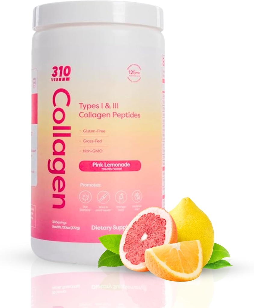 310 Nutrition Hydrolyzed Collagen Peptides Σκόνη για γυναίκες & άνδρες - Grass-Fed Collagen Supplement w/Hyaluronic Acid, Resveratrol, βιταμίνη C, D & E για το δέρμα, τα μαλλιά και τα νύχια - 30 SRV ροζ λεμονάδα