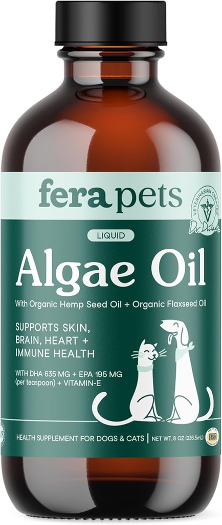 Fera Pets Algae Oil - Γάτες & Σκύλοι Omega 3 Oil - Vegan - Ανοσοποιητικό, καρδιά, εγκέφαλος, δέρμα και παλτό Υποστήριξη - Περιλαμβάνει βιταμίνη Ε, οργανικό σπόρο κάνναβης & λιναρόσπορου Omega-3s - 100% φυτικής βάσης