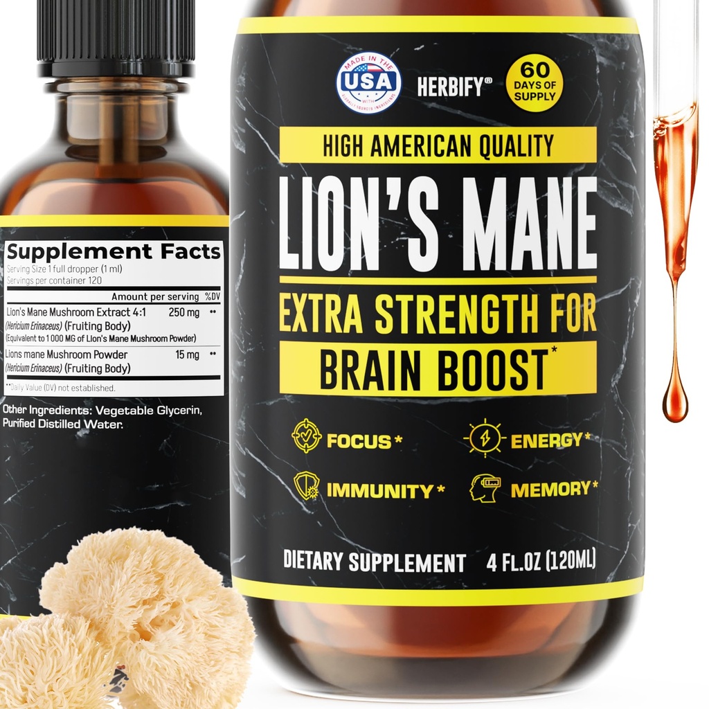 HERBIFY Lions Mane Supplement - Daily Mushroom Supplement for Memory, Focus & Clarity - Brain Booster - Lions Mane Βάμμα για Ανοσολογική Υποστήριξη - 4 FL oz