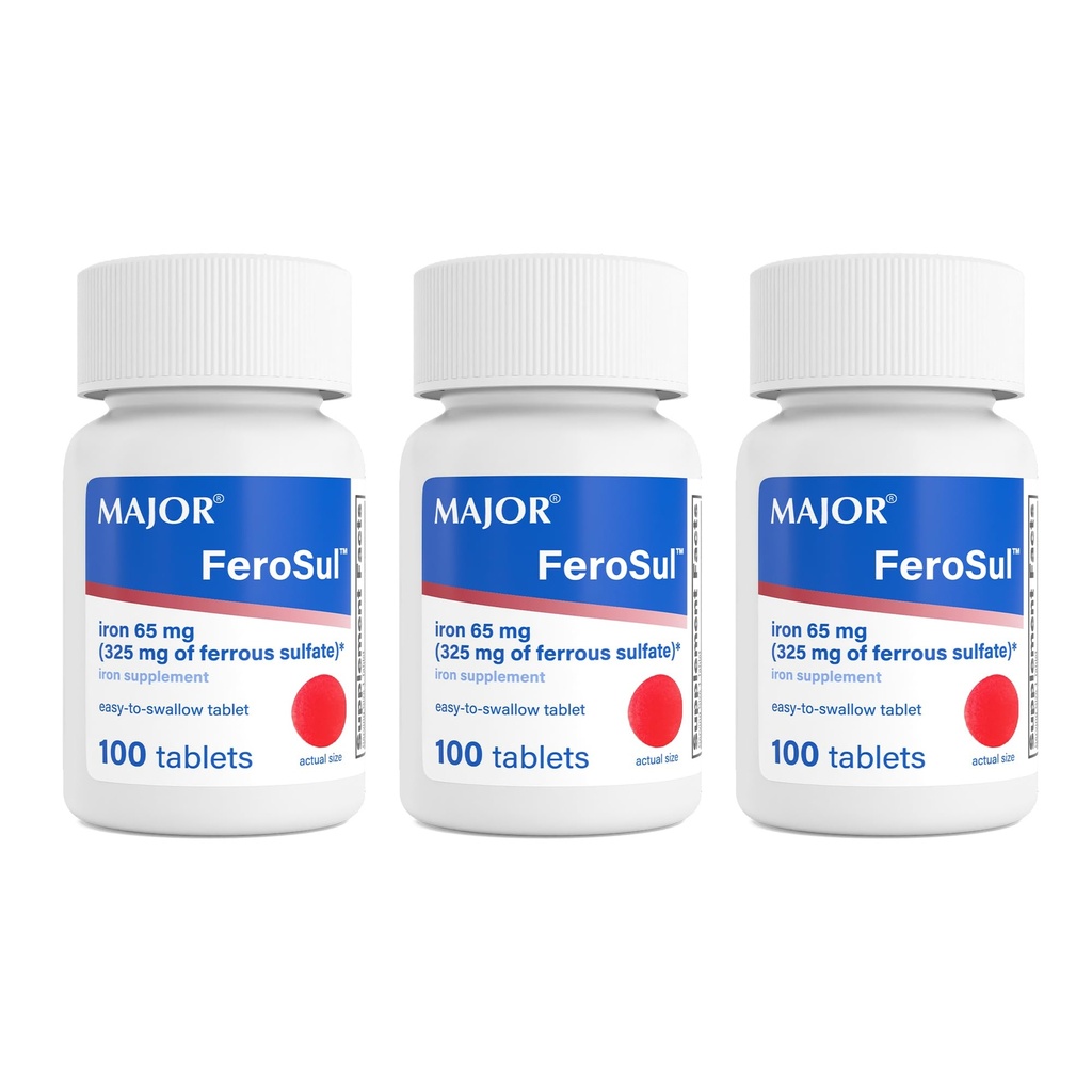 MAJOR Ferosul - θειικό σίδηρο 325mg δισκία με 65mg στοιχειώδους σιδήρου - συμπλήρωμα σιδήρου για γυναίκες, άνδρες - κόκκινο - 100 κόμη (3 συσκευασία)