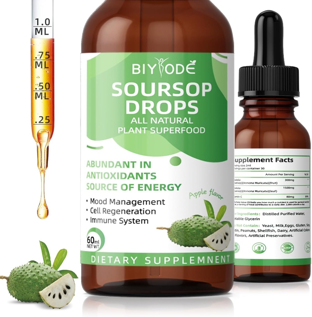 Soursop Graviola Υγρές σταγόνες: 1800mg Premium Αντιοξειδωτικό Υποστήριξη για την Ανοσολογική Υγεία Γαλάκτωμα Χαλάρωση Ύπνος Vegan Χωρίς Γλουτένη Ζάχαρη Δωρεάν 1 FL Oz 30 Ημέρα προσφοράς