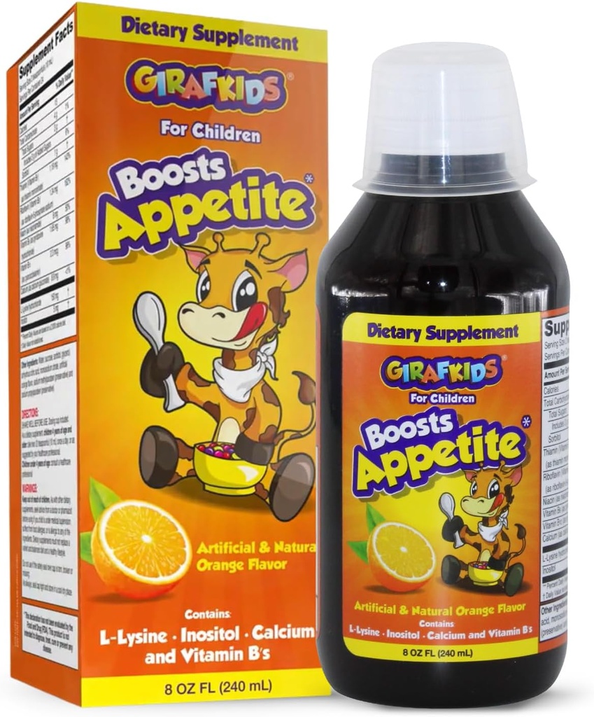 GirafKids Amoster Syrup for Kids Ηλικίες 4+, 8 Fl Oz - Βιταμίνες για Παιδιά, Πορτοκαλί Γεύση - Προάγει Υγιεινή Ορεξία & Ενέργεια