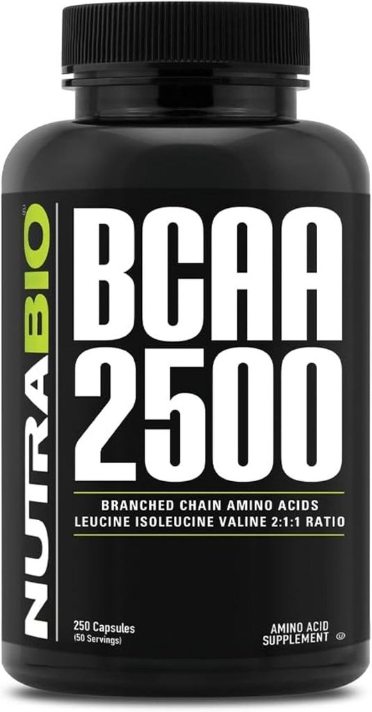 NutraBio – BCAA 2500 – Διακλαδισμένης Αλυσίδας Αμινοξέα – Υποστήριξη Νέα ανάπτυξη μυών και πρόληψη της διάσπασης μυών – 250 κάψουλες