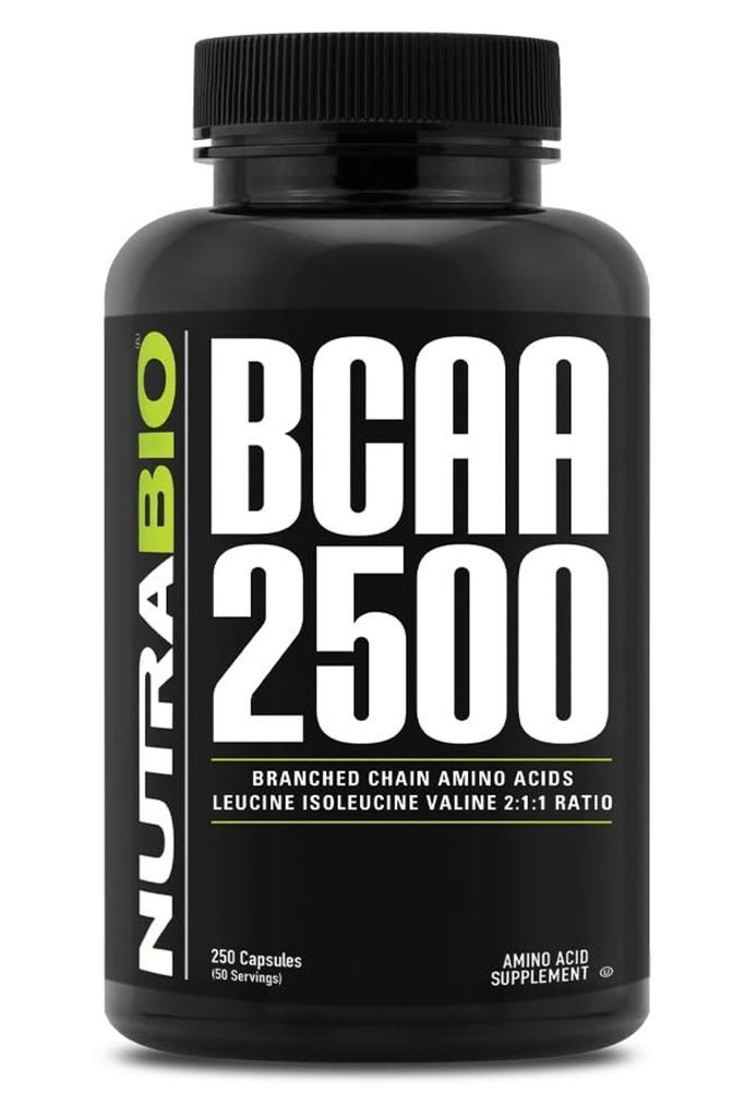 NutraBio – BCAA 2500 – Διακλαδισμένης Αλυσίδας Αμινοξέα – Υποστήριξη Νέα ανάπτυξη μυών και πρόληψη της διάσπασης μυών – 250 κάψουλες