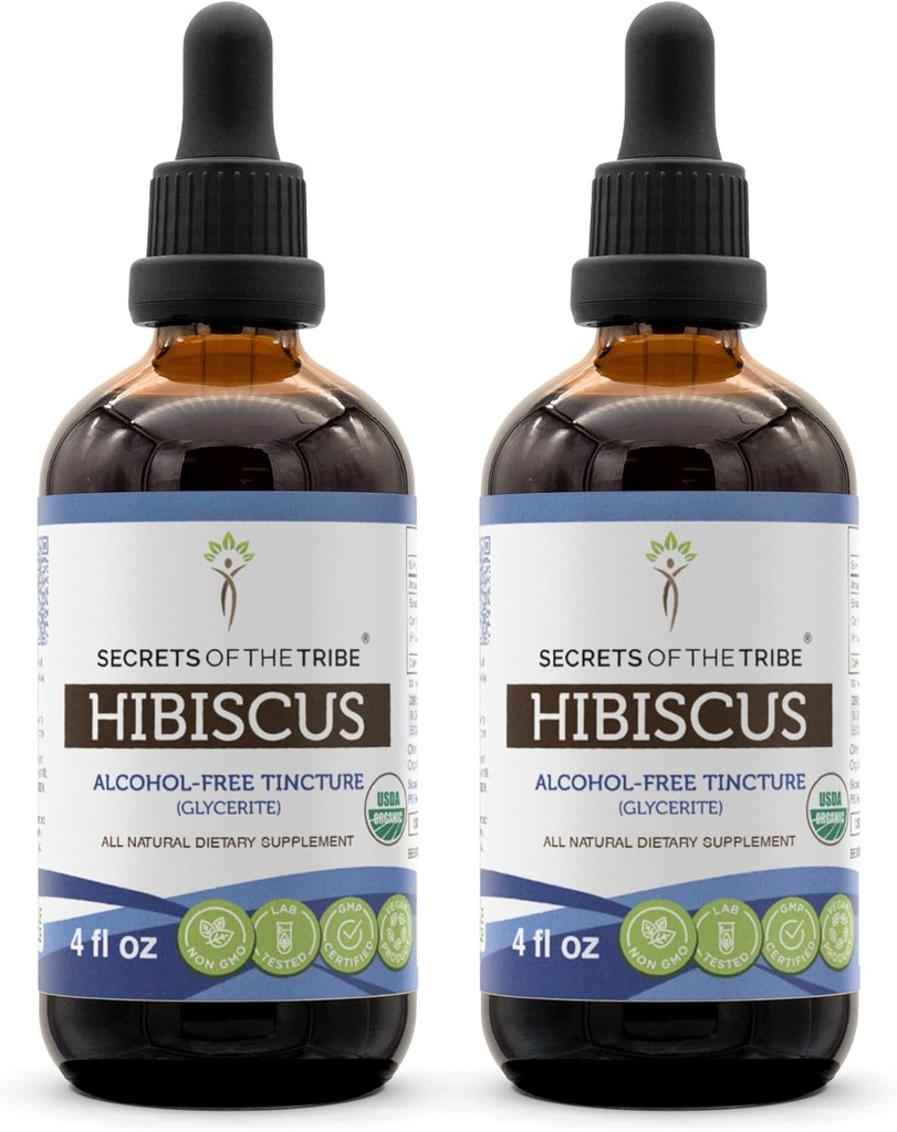 Secrets of the Tribe Hibiscus USDA Organic | Alcohol-Free Extract (2 pcs.), High-Potency Herbal Drops | Made from 100% Certified Hibiscus Sabdariffa Dried Flower 2x4 oz