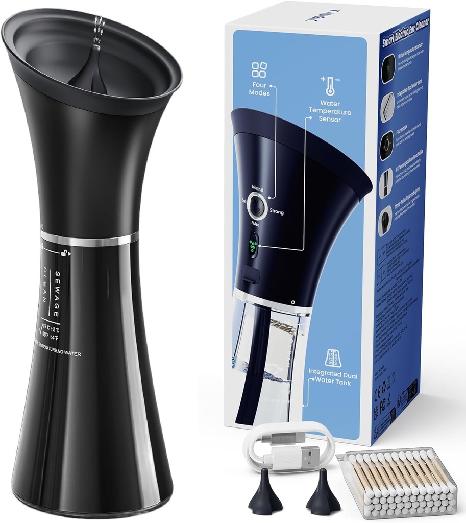 Αναβαθμισμένη αφαίρεση κεριών αυτιού με ένα δοχείο απορριμμάτων, ασφαλή καθαρισμό με αισθητήρα θερμοκρασίας νερού, αποτελεσματική κιτ άρδευσης αυτιών & καλώδιο USB-A σε C, IPX7, μαύρο