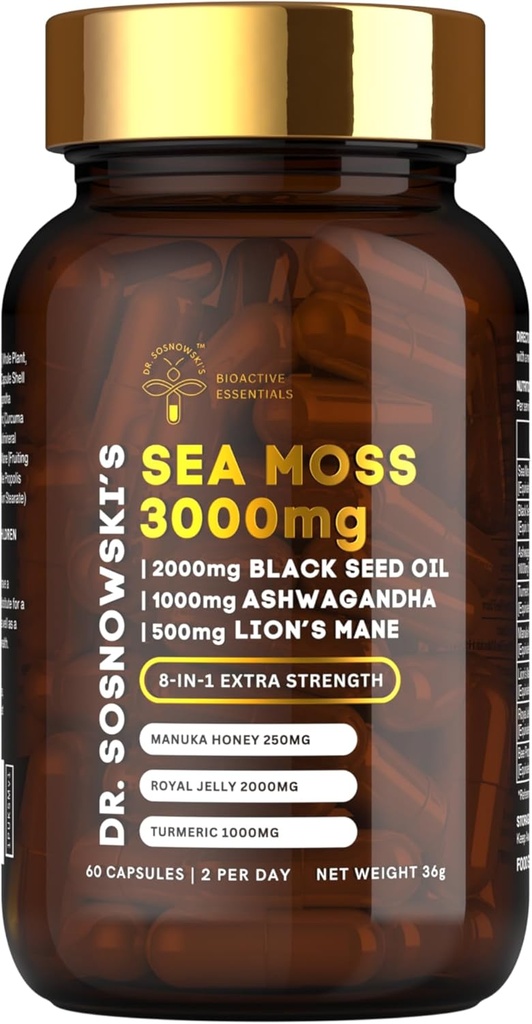 BioActive Sea Moss του Δρ. Sosnowski 8-σε-1 Formula Εμπλουτισμένη με Μαύρο Σπόρο, Ashwagandha, Turmeric, Manuka Honey, Lion's Mane, Royal Jelly, Bee Propolis Extract 60 κάψουλες