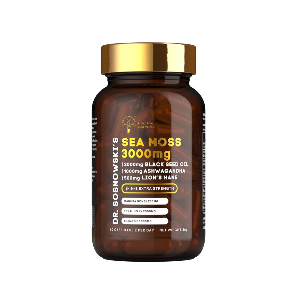 Dr Sosnowski's BioActive Sea Moss | 8-in-1 Formula Enriched with Black Seed, Ashwagandha, Turmeric, Manuka Honey, Lion's Mane, Royal Jelly, Bee Propolis Extract | 60 Capsules