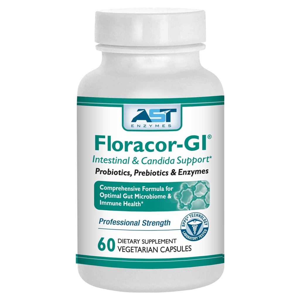 AST Enzymes Floracor - Supports Gut & Intestinal Health - Premium Probiotic, Prebiotic and Enzyme Formula - 60 Vegetarian Capsules
