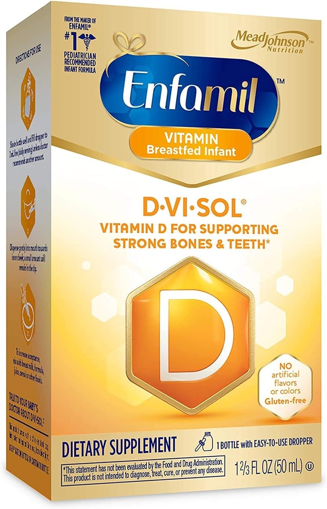 Enfamil D-Vi-Sol βιταμίνη D σταγόνες για βρέφη, υποστηρίζει ισχυρά οστά και δόντια, χωρίς γλουτένη, εύκολο στη χρήση μπουκάλι σταγονόμετρο 50 mL