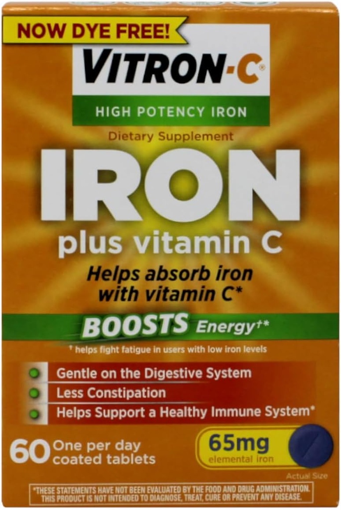 Vitron-C High Potency Iron Dietary Supplement – Iron Plus Vitamin C, Ενισχύει την Ενέργεια, Απαλό στο Σύστημα Πέψης, 60 Επικαλυμμένα Δισκία, 65 mg Στοιχειώδης Σίδηρος