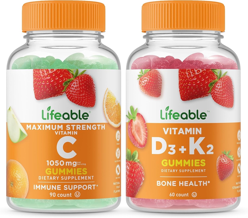 Lifeable Vitamin C 1050mg + Vitamin D3 + Vitamin K2, Gummies Bundle - Great Tasting, Vitamin Supplement, Gluten Free, GMO Free, Chewable Gummy