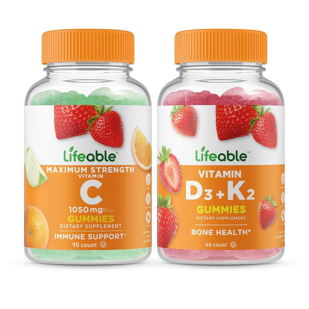 Lifeable Vitamin C 1050mg + Vitamin D3 + Vitamin K2, Gummies Bundle - Great Tasting, Vitamin Supplement, Gluten Free, GMO Free, Chewable Gummy