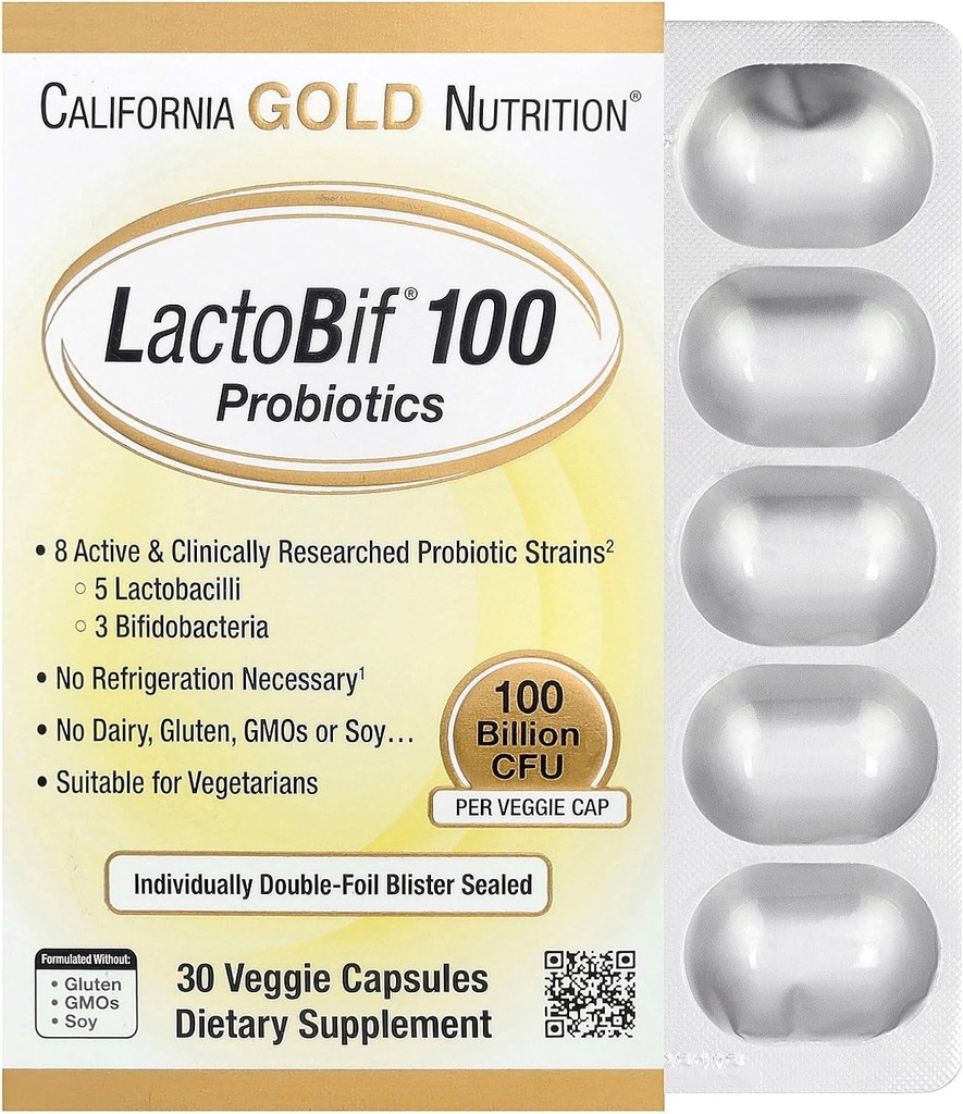 California Gold Nutrition LactoBif Probiotics, 100 Blion CFU, 8 Ενεργό & κλινικά ερευνημένο Probiotic Strains, Ζάχαρη-ελεύθερο, χορτοφάγοι, ατομικά διπλής φλύκταινας σφραγισμένα, 30 κάψουλες λαχανικά