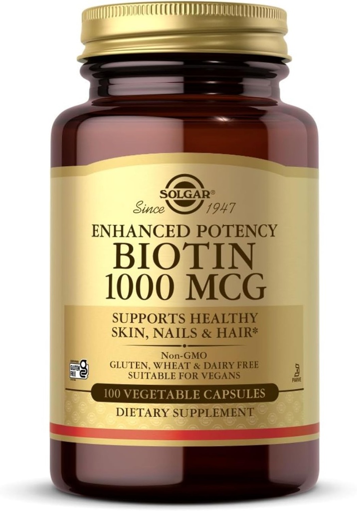 Solgar Biotin 1000 mcg - 100 κάψουλες λαχανικών - Υποστηρίζει υγιές δέρμα, νύχια & μαλλιά - μη-GMO, Vegan, χωρίς γλουτένη, χωρίς γαλακτοκομικά, Kosher - 100 εξυπηρετούν