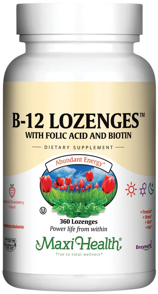 Maxi Health Vitamin B12 Lozenges με φολικό οξύ και βιοτίνη - Υπογλώσσια B12 Βιταμίνες Flavor Φράουλα - Χορτοφαγική Kosher B 12 Βιταμίνη για την παραγωγή και την ενέργεια ερυθρών αιμοσφαιρίων (360 Count)