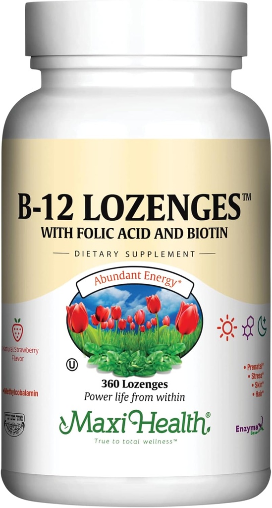 Maxi Health Vitamin B12 Lozenges με φολικό οξύ και βιοτίνη - Υπογλώσσια B12 Βιταμίνες Flavor Φράουλα - Χορτοφαγική Kosher B 12 Βιταμίνη για την παραγωγή και την ενέργεια ερυθρών αιμοσφαιρίων (360 Count)