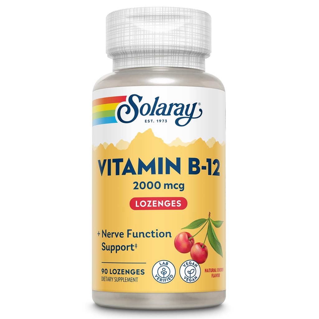 SOLARAY Vitamin B12 2000 mcg Lozenges - Χωρίς ζάχαρη, φυσικό κεράσι Γεύση Βιταμίνη B 12 συμπλήρωμα για τη λειτουργία νεύρων, την ενέργεια και τα ερυθρά αιμοσφαίρια Υποστήριξη - Εργαστήριο Επαληθευμένο, Vegan - 90 Σερβιέτες, 90 Lozenges