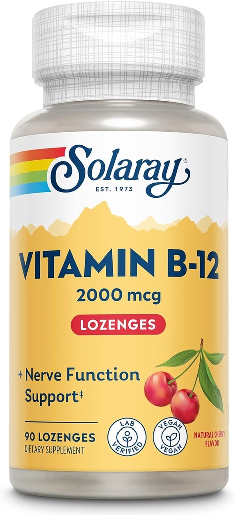 SOLARAY Vitamin B12 2000 mcg Lozenges - Χωρίς ζάχαρη, φυσικό κεράσι Γεύση Βιταμίνη B 12 συμπλήρωμα για τη λειτουργία νεύρων, την ενέργεια και τα ερυθρά αιμοσφαίρια Υποστήριξη - Εργαστήριο Επαληθευμένο, Vegan - 90 Σερβιέτες, 90 Lozenges