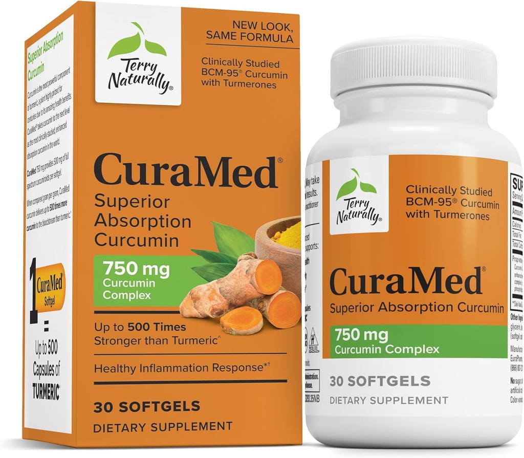 Terry Φυσικά CuraMed 750mg - Αντιοξειδωτικό συμπλήρωμα για την υποστήριξη του εγκεφάλου και της καρδιάς υγεία - Συμπλήρωμα διατροφής με υψηλής ισχύος Curcumin Complex - Νεφροί, ήπαρ και ανοσοποιητική υποστήριξη - 30 Softgels