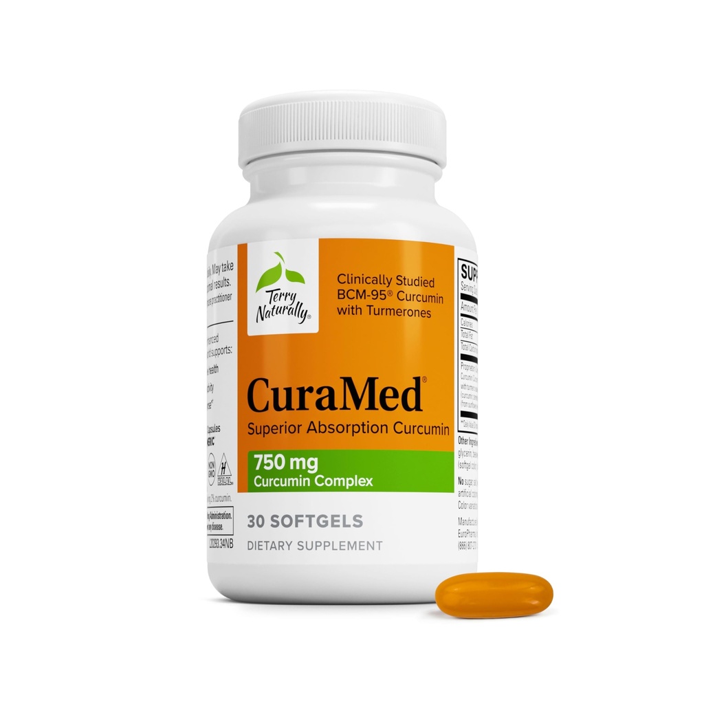 Terry Φυσικά CuraMed 750mg - Αντιοξειδωτικό συμπλήρωμα για την υποστήριξη του εγκεφάλου και της καρδιάς υγεία - Συμπλήρωμα διατροφής με υψηλής ισχύος Curcumin Complex - Νεφροί, ήπαρ και ανοσοποιητική υποστήριξη - 30 Softgels