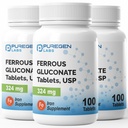 Puregen Labs Ferrous Gluconate 324 mg [Υψηλή Ικανότητα] Συμπλήρωμα σιδήρου, Απαλή στο στομάχι 3 Συσκευασία - 300 δισκία Σύνολο