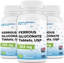 Puregen Labs Ferrous Gluconate 324 mg [Υψηλή Ικανότητα] Συμπλήρωμα σιδήρου, Απαλή στο στομάχι 3 Συσκευασία - 300 δισκία Σύνολο