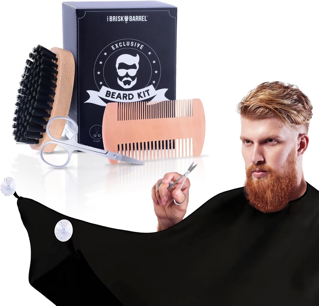 Beard Grooming Kit για τους άνδρες 4 in 1. Beard Brush and Comb Set with Messy Free Bib Apron, Mustachis Ψαλίδι. Φυσικό πινέλο και διπλής δράσης Comb. Ανδρικό Γαμπρό. Δώρο για τον σύζυγο,