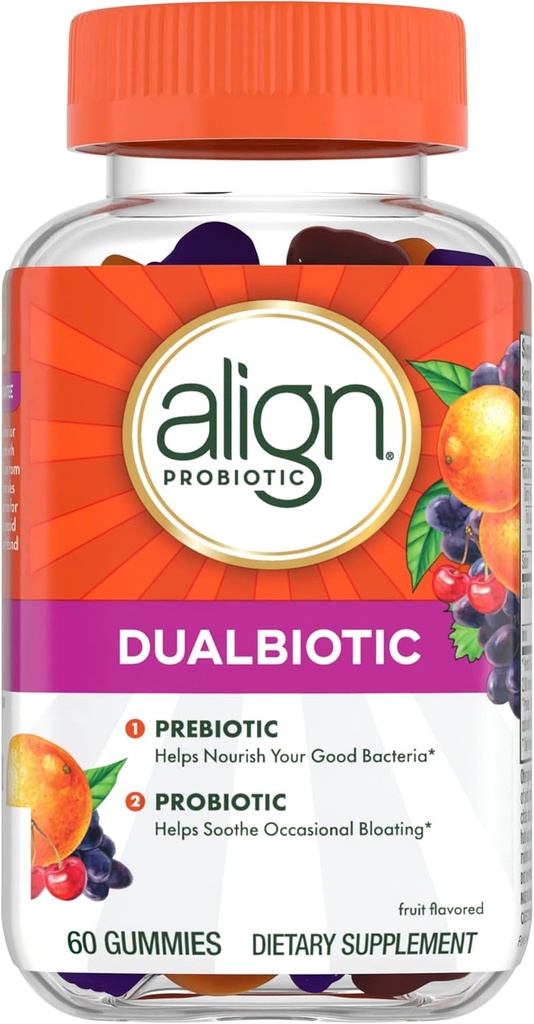 Ευθυγράμμιση Dualbiotic, Prebiotics και Probiotics για τις γυναίκες και τους άνδρες, Probiotics για την Digestive Υγεία, Prebiotics Βοήθεια Nourish Καλά βακτήρια, φυσικά αρώματα φρούτων, 60 προβιοτικά Gummies