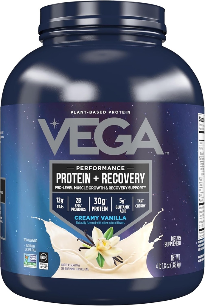 Vega Sport Vegan Protein Powder + Recovery - 30g φυτικής πρωτεΐνης ανά υπηρεσία, Vanilla, 45 υπηρεσίες, 5g BCAAs, Probiotics, NSF Certified, Για ανακινήσεις & smoothies, 4.1lbs (Packaging May Vary)