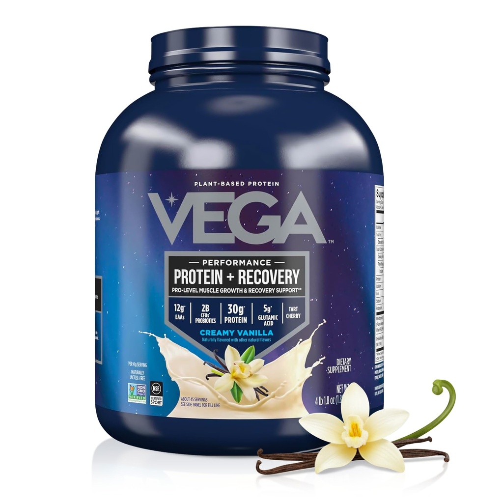 Vega Sport Vegan Protein Powder + Recovery - 30g φυτικής πρωτεΐνης ανά υπηρεσία, Vanilla, 45 υπηρεσίες, 5g BCAAs, Probiotics, NSF Certified, Για ανακινήσεις & smoothies, 4.1lbs (Packaging May Vary)