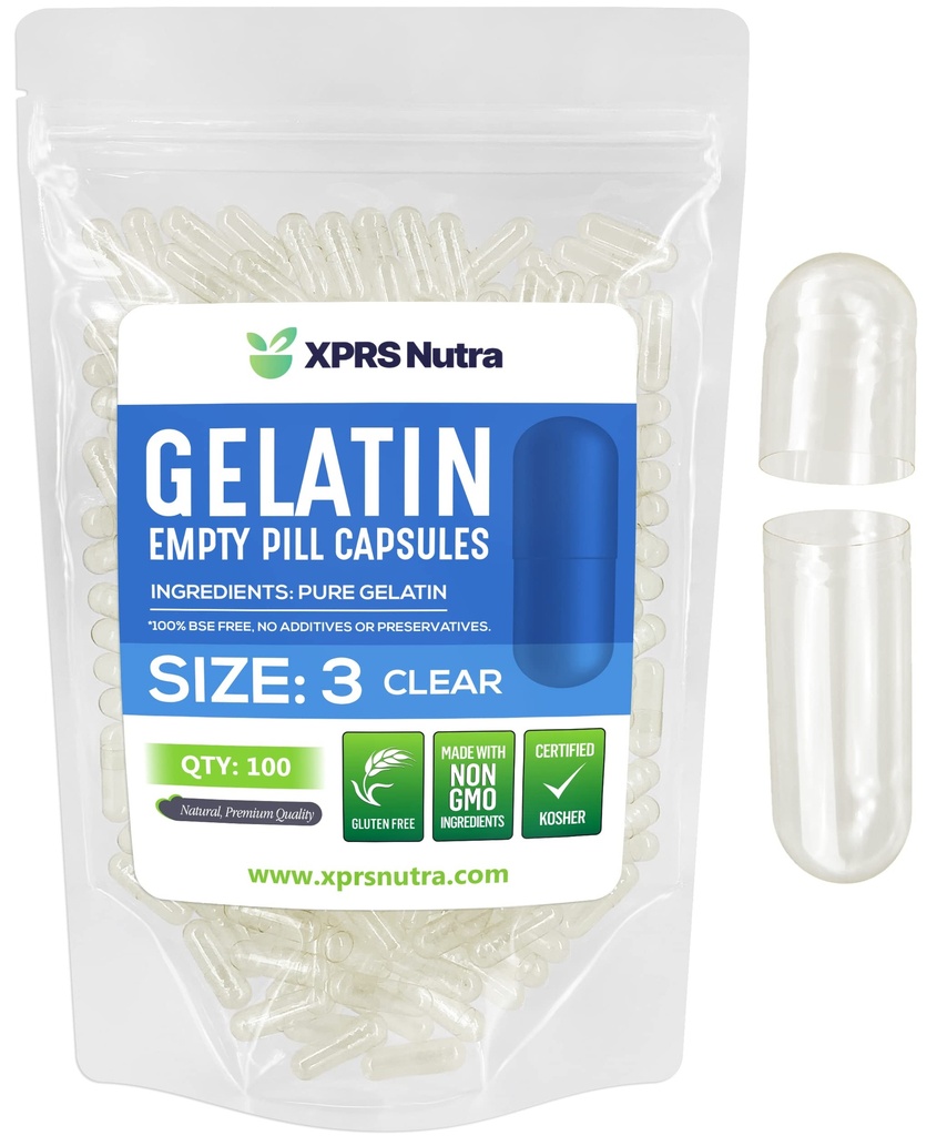 XPRS Nutra Μέγεθος 3 Κενές κάψουλες - 100 Clear Clear Empty Gelatin Κάψουλες - Χάπια DIY Καψάκιο Γέμισμα - Καθαρά καπάκια τζελ Μπόβιν Χάπια Γέμισμα Do-It-Yourself Βιταμίνες και συμπληρώματα