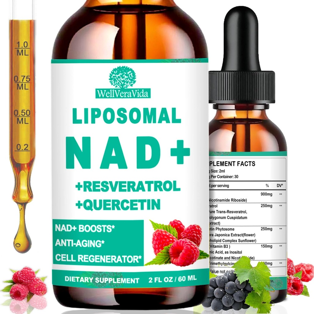 NAD Συμπληρώματα για γυναίκες & άνδρες, λιποσωμική NAD Νικοτιναμίδη Ριβοσιδική ρεσβερατρόλη 900mg, TMG, Quercetin, βιταμίνη Β3, οργανικό υγρό NAD συμπλήρωμα ρεσβερατρόλης για μακροζωία, ενέργεια, αντι-γήρανση, εστίαση