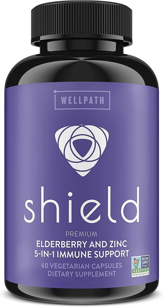 WellPath Shield Capses Elderberry - 5-σε-1 Αναμνηστική ενίσχυση ανοσοποιητικών με ψευδάργυρο, βιταμίνη C, Echinacea, Bee Propolis - Premium συμπλήρωμα ψευδαργύρου - 600 mg Sambucus Black Elderberry Χάπια για Ενήλικες - 60 Ct